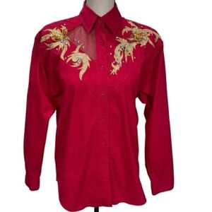 Vintage Wrangler Authentic Western Red Shirt | Gold Embroidered Rhinestone Rodeo